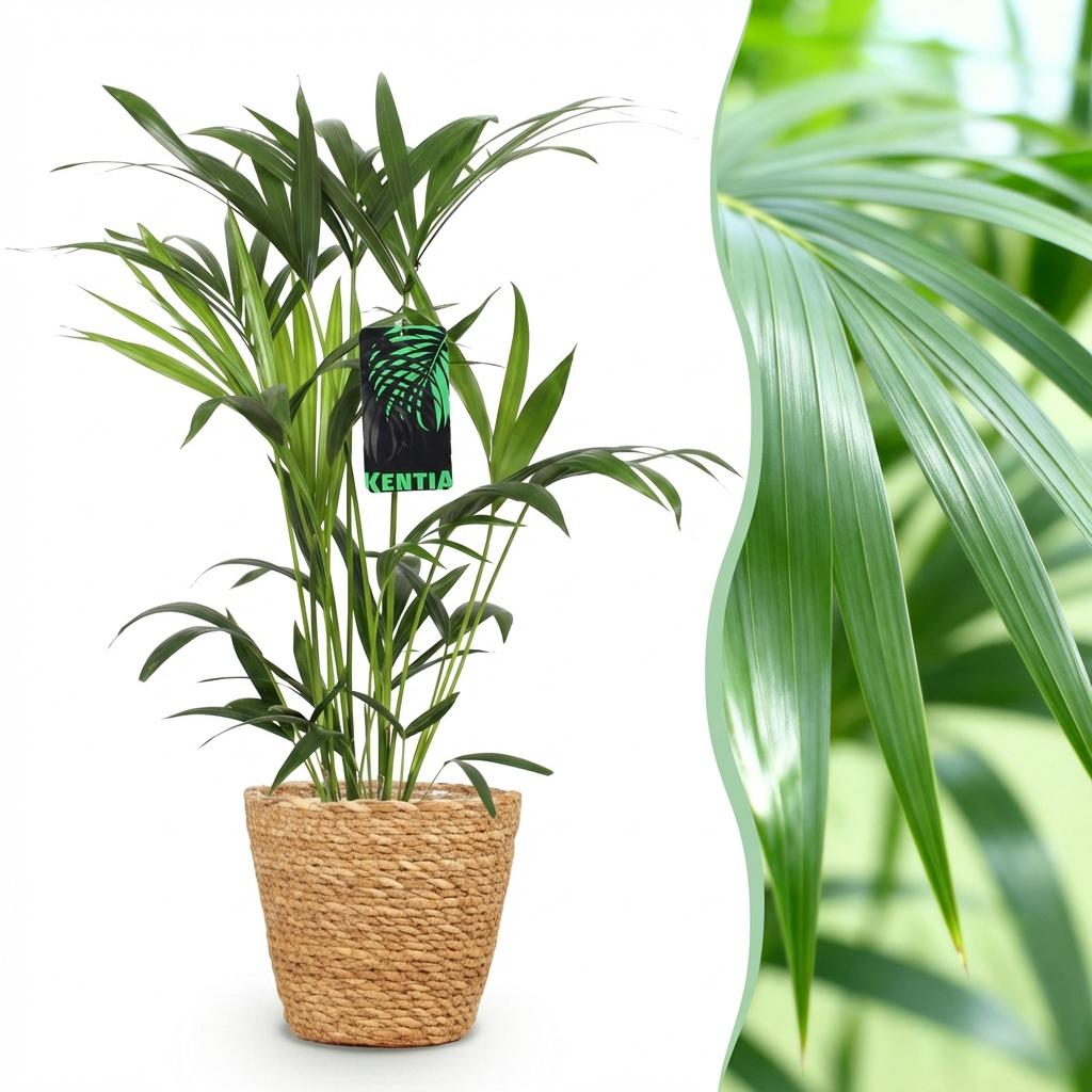 Green boutiQ - Zimmerpflanze - Howea Forsteriana - Kentia-Palme - Wenig Pflege - Grün - 1 Pflanze - mit Korb - Topf 19cm - Höhe 80-85cm