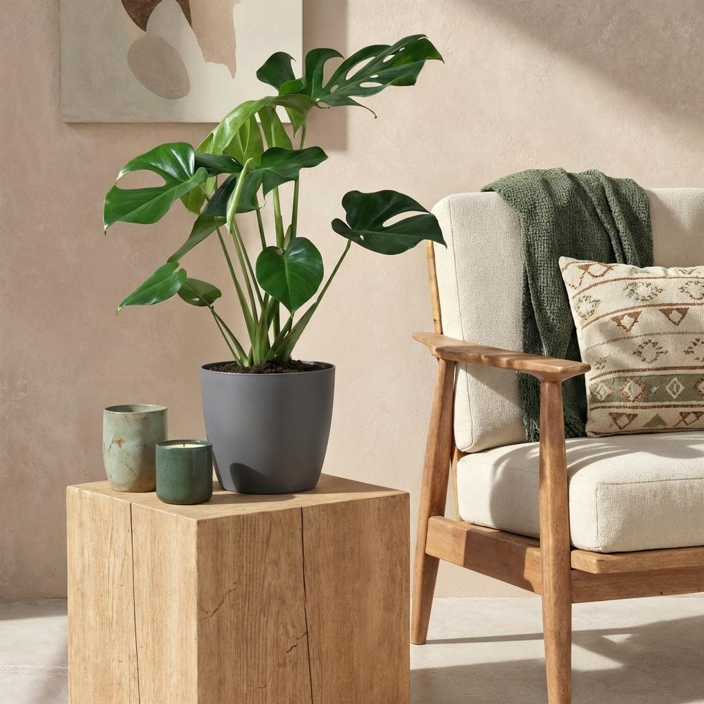 Green BoutiQ - Zimmerpflanzen - Monstera Deliciosa - Fensterblatt - Pflegeleicht - Grün - 1 Pflanze - mit Topf Grau - Topf 21cm - Höhe 70-80cm