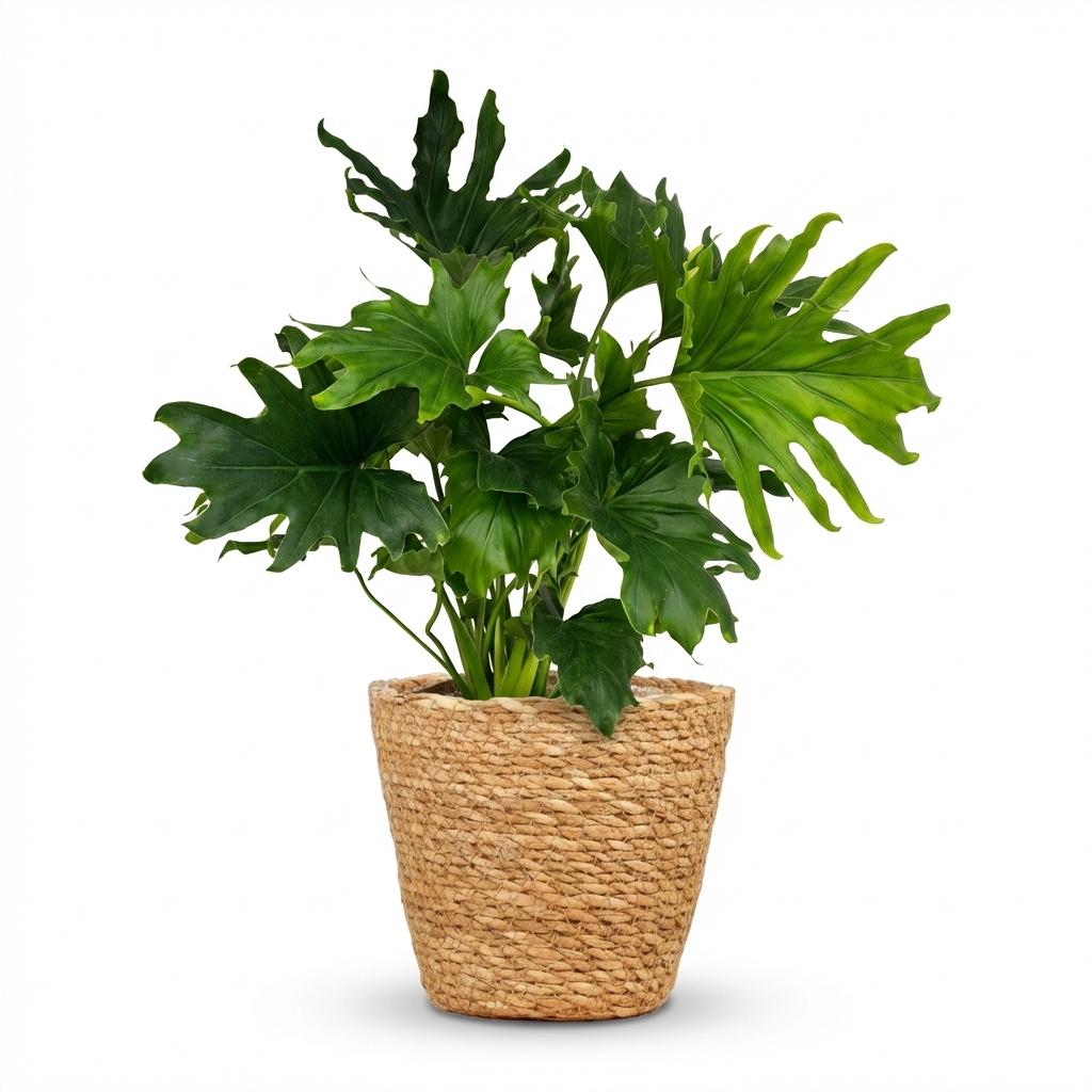 Green boutiQ - Zimmerpflanze - Philodendron - Philodendron Lickety Split - Grün - Pflegeleicht - 1 Pflanze - mit Korb - Topf 19cm - Höhe 70cm