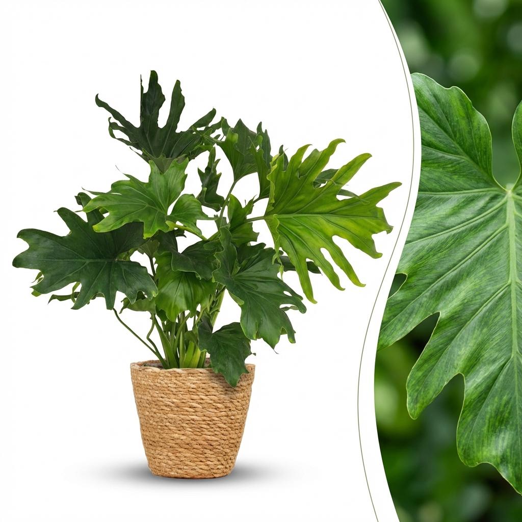 Green boutiQ - Zimmerpflanze - Philodendron - Philodendron Lickety Split - Grün - Pflegeleicht - 1 Pflanze - mit Korb - Topf 19cm - Höhe 70cm