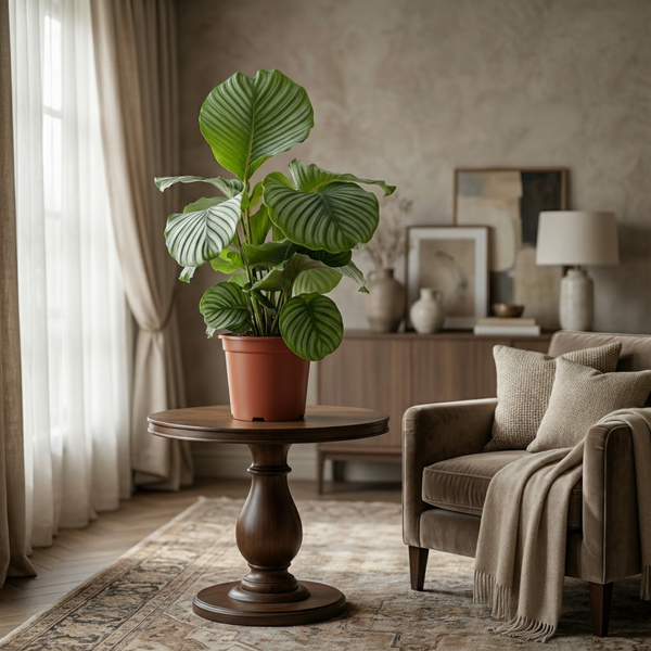 Green boutiQ - Zimmerpflanze - Pfauenpflanze - Calathea Orbifolia - Grün - Pflegeleicht - 1 Pflanze - Topf 21cm - Höhe 60 - 70cm