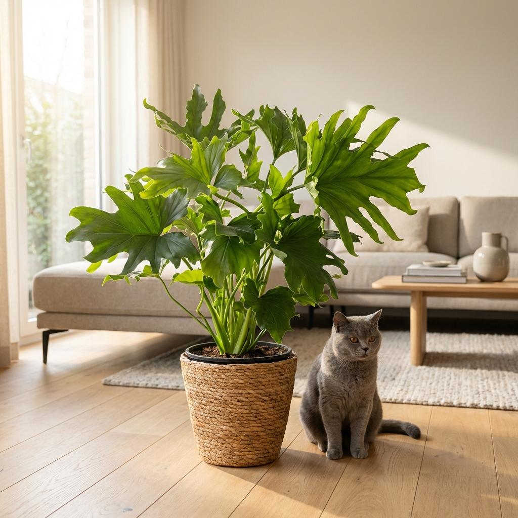 Green boutiQ - Zimmerpflanze - Philodendron - Philodendron Lickety Split - Grün - Pflegeleicht - 1 Pflanze - mit Korb - Topf 19cm - Höhe 70cm