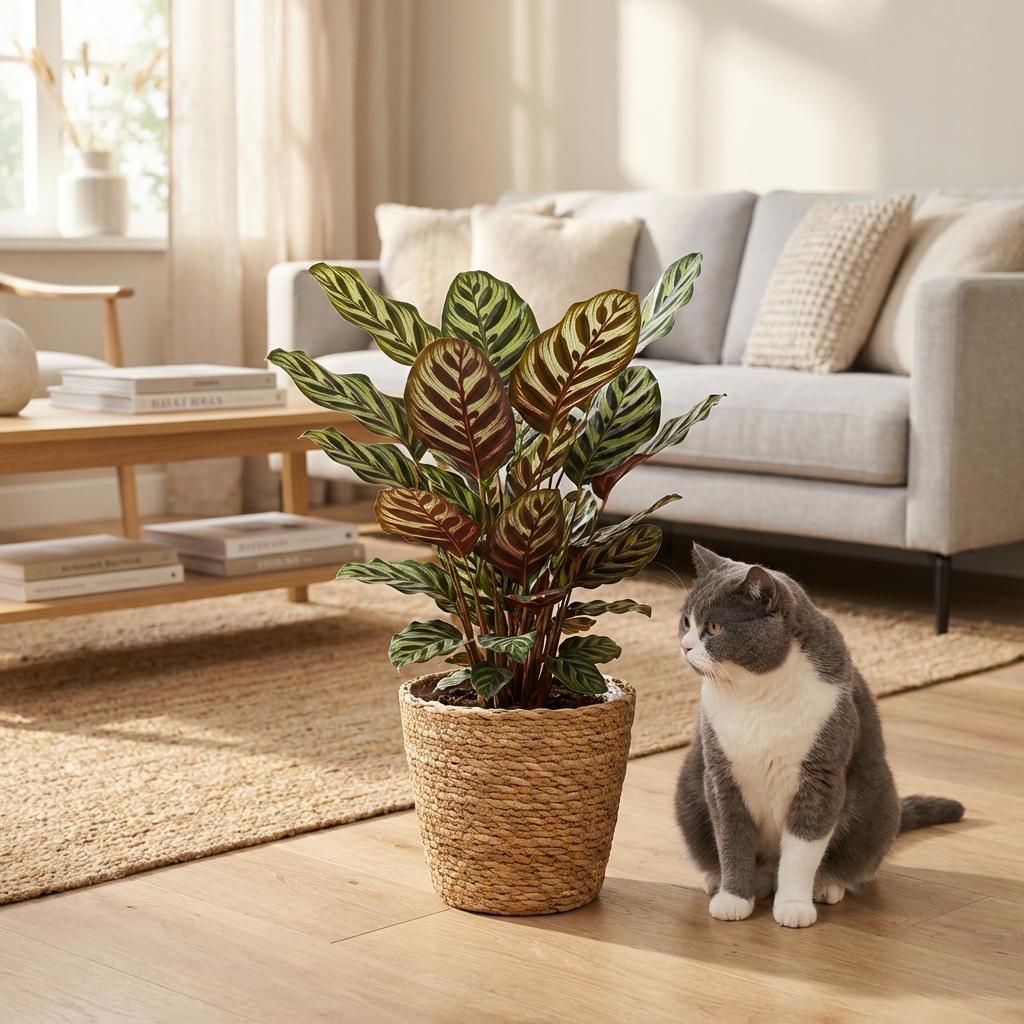 Green boutiQ – Zimmerpflanze – Pfauenpflanze – Calathea Makoyana – Grün – Pflegeleicht – 1 Pflanze – mit Korb – Topf 19cm – Höhe 70cm
