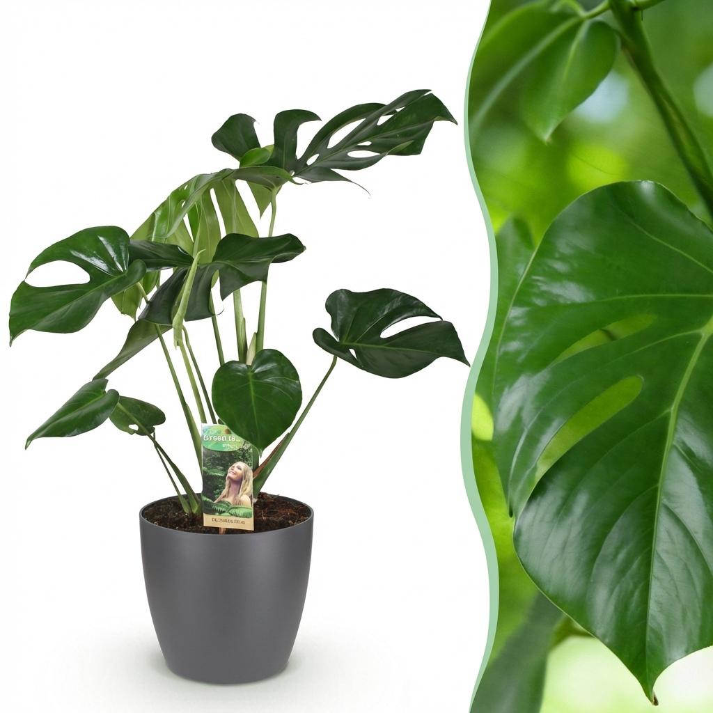 Green BoutiQ - Zimmerpflanzen - Monstera Deliciosa - Fensterblatt - Pflegeleicht - Grün - 1 Pflanze - mit Topf Grau - Topf 21cm - Höhe 70-80cm